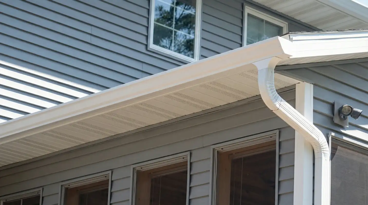 Professional home remodeling project showing newly installed white seamless gutters and downspouts on a house with gray siding in Santa Ana, CA