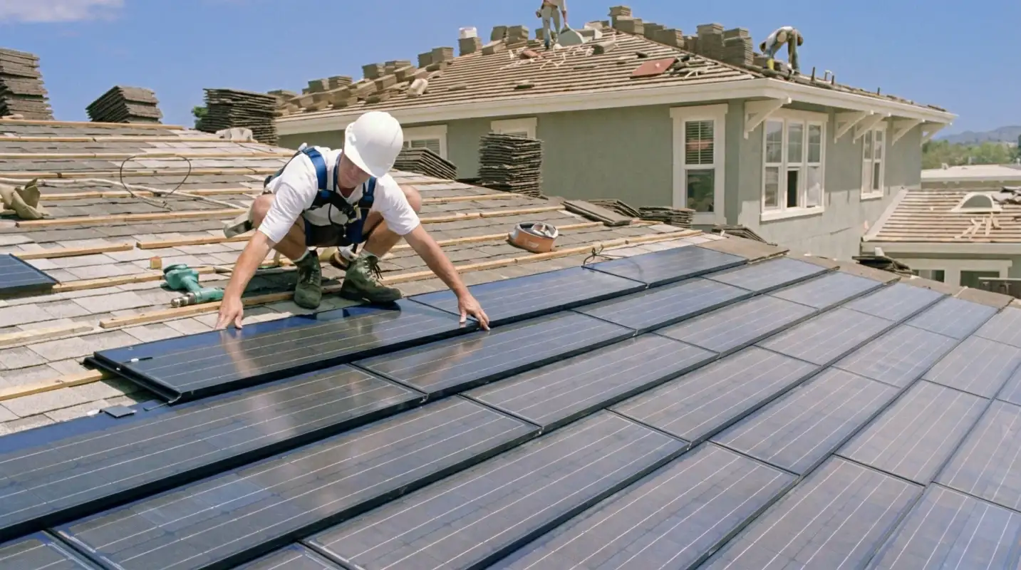Roof replacement expert installing modern solar shingles on a residential home in Santa Ana, CA