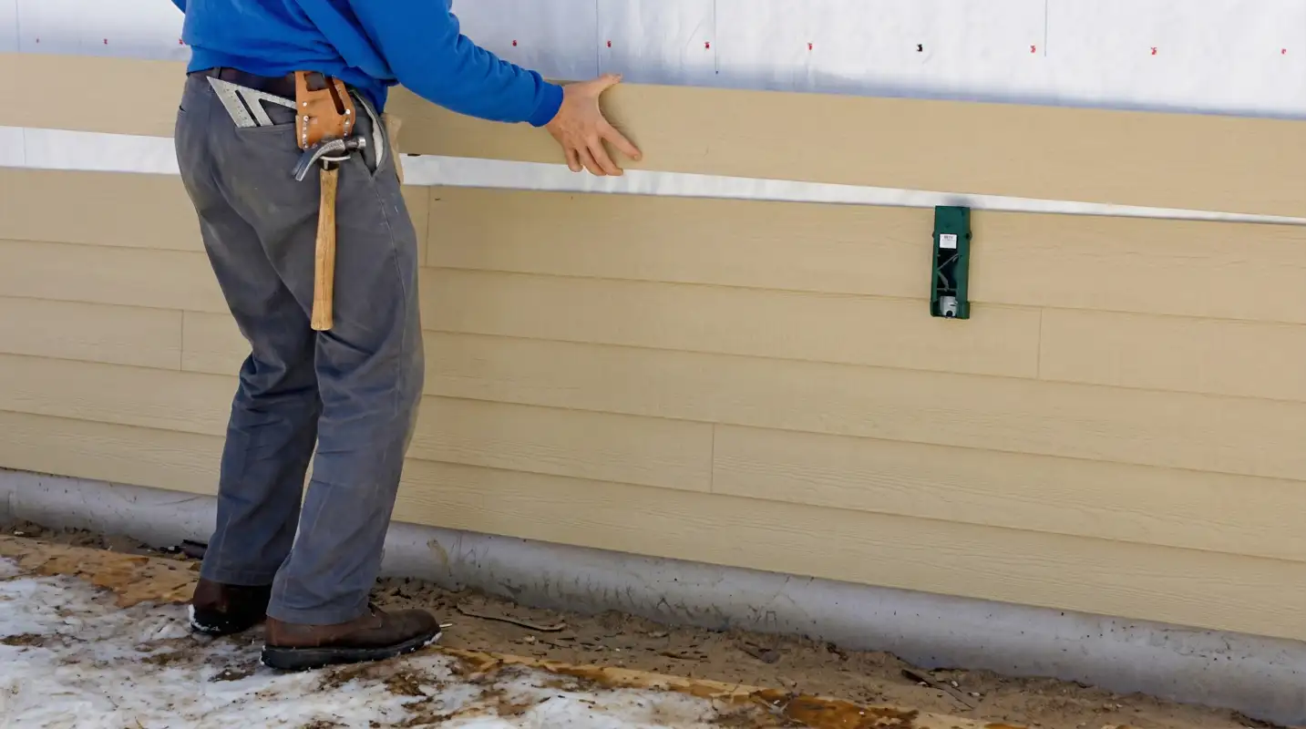 Siding replacement expert carefully aligning a new tan siding panel onto a residential exterior wall in Santa Ana, CA