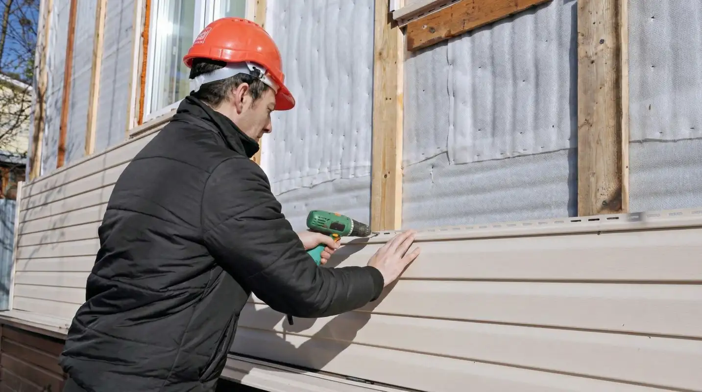 Siding replacement professional using a power drill to install new tan vinyl siding on a home exterior in Santa Ana, CA