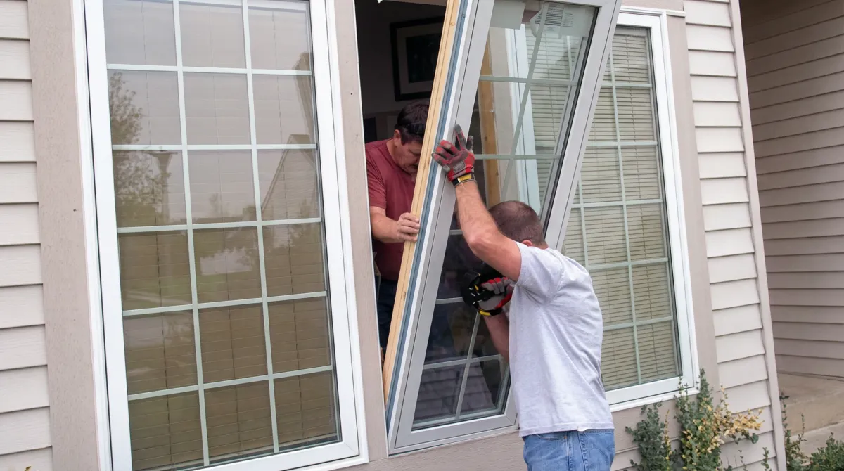 Professional home remodeling team installing a large replacement window on a house with tan siding in Santa Ana, CA