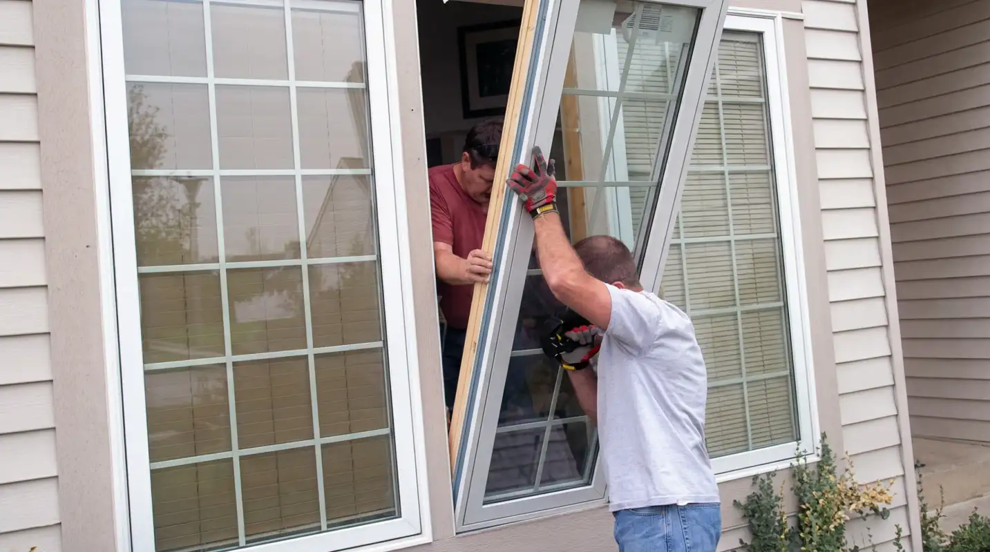 Professional home remodeling team installing a large replacement window on a house with tan siding in Santa Ana, CA